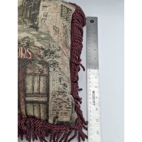 Vinatge Cafe De Fleurs Tapestry Throw Pillow With Burgundy Fringe - Picture 5 of 8